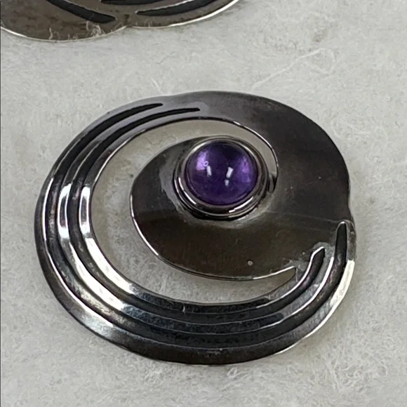 StamasAbstract Geometric Sterling Silver Cabochon Amethyst Earrings/Brooch Set
